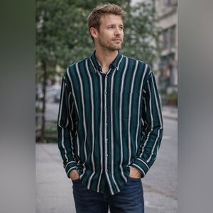 VTG Salmon River Traders Stripe Long Sleeve Collared Shirt Size Green Striped